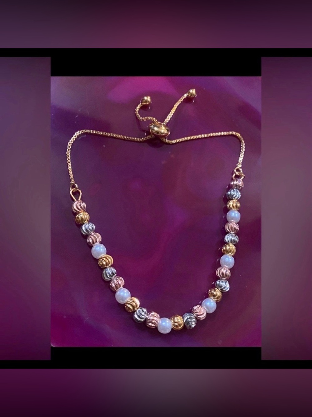 Tri Color Faux Pearl Costume Bracelet w/ Drawstring Chain #9088